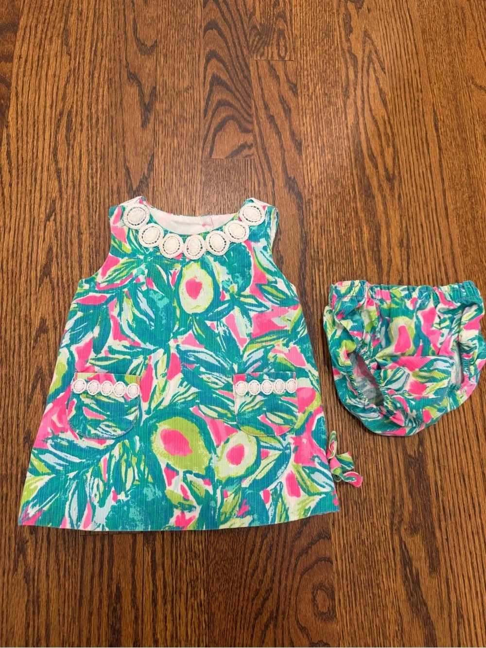 Lily Pulitzer Girls Tropical Print Dress with Bloomers - Pink & Teal